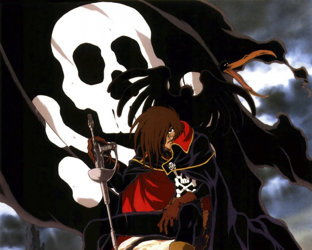 El capitán Harlock junto su bandera pirata y su fiel pájaro