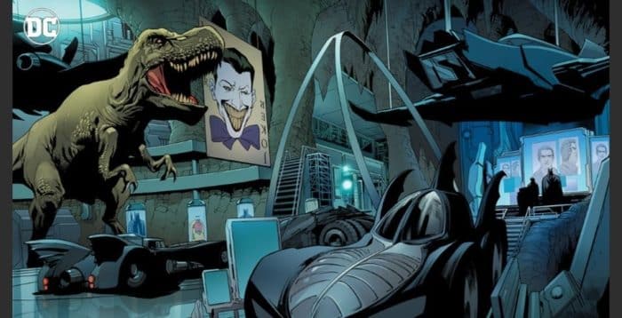 La batcueva de Batman con el T-Rex, el penique gigante y la carta del Joker