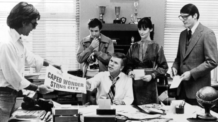 Richard Donner, Christopher Reeve y Margot Kidder durante el rodaje de Superman