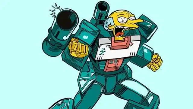 Arte cruzado de Otto Soundwave, crossover de transformadores de los simpsons, comparación de mr burns megatron, parodias de transformadores de los simpsons, primera generación de transformadores