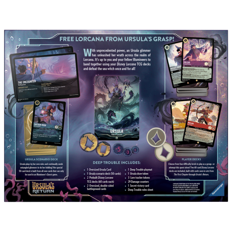 Disney Lorcana sigue su camino en nuestro país con la cuarta edición, Ursula´s Return, y lo hace con un nuevo modo de juego en solitario y cooperativo, el Illumineer's Quest Deep Trouble.