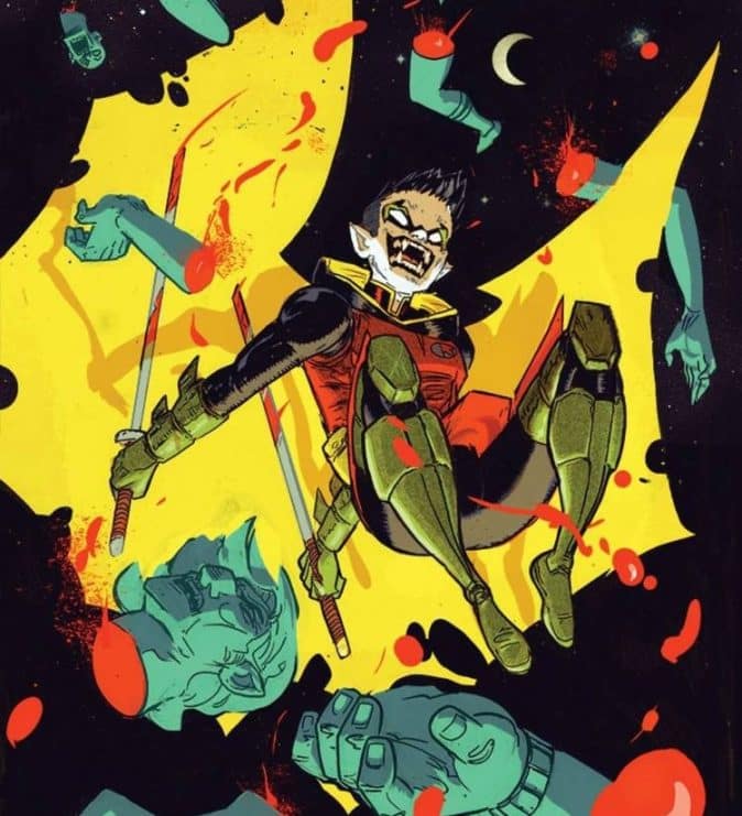 Damian Wayne mata vampiros, DC vs. Vampires World War V, Portada variante Riley Rossmo, Robin rompe la regla de Batman