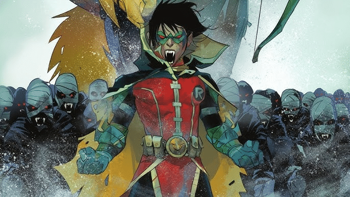 Damian Wayne mata vampiros, DC vs. Vampires World War V, Portada variante Riley Rossmo, Robin rompe la regla de Batman